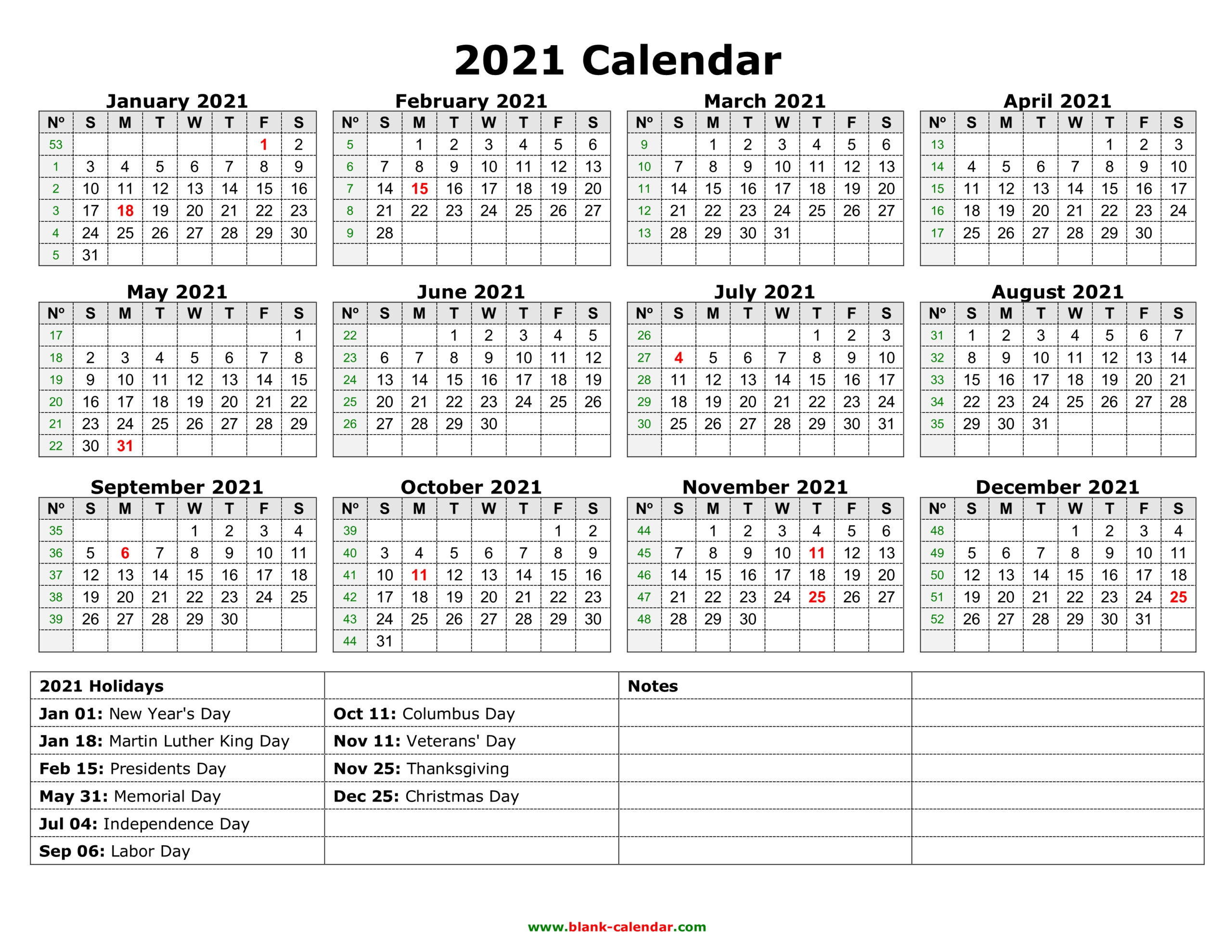 Yearly Calendar 2021 | Free Download And Print