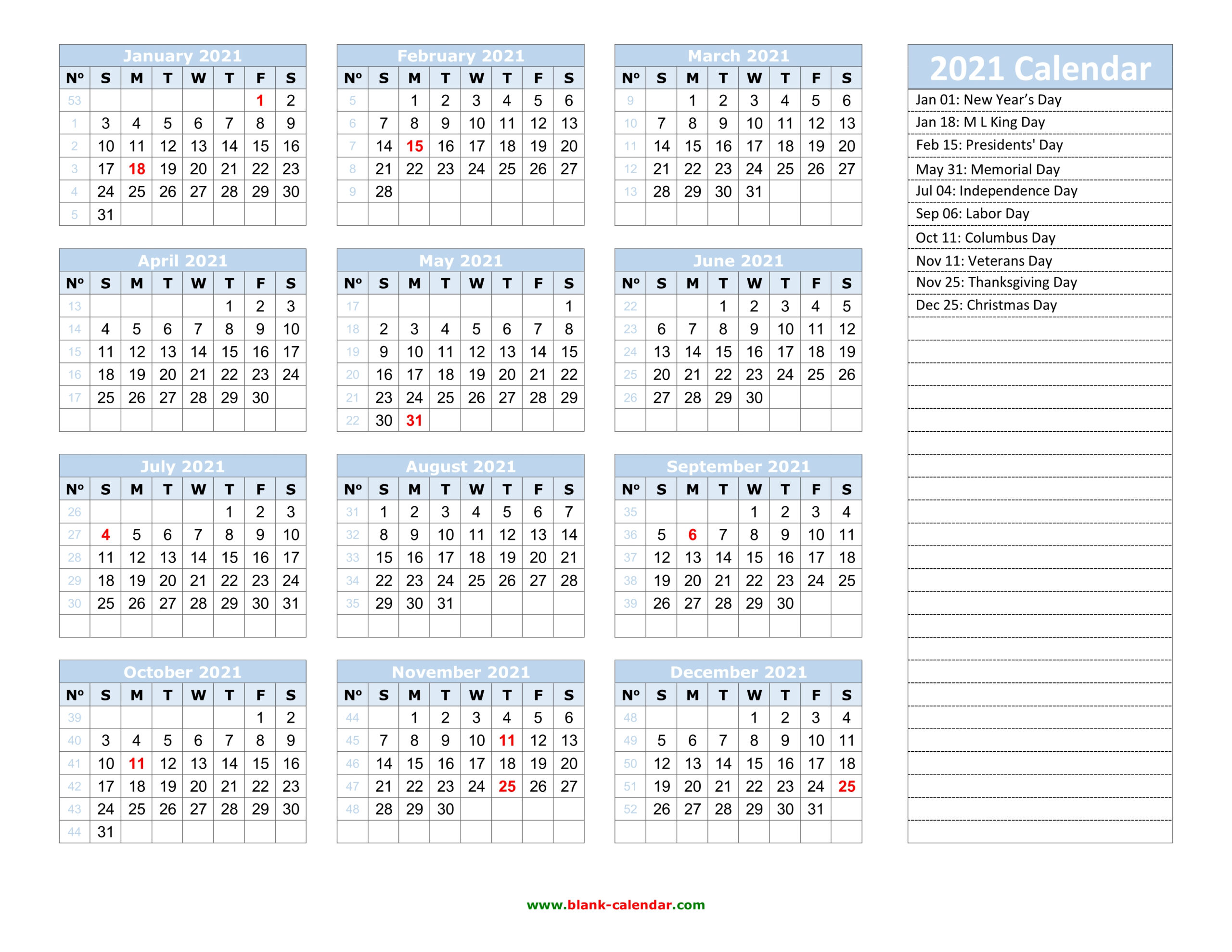 Google Calendar 2021 Printable