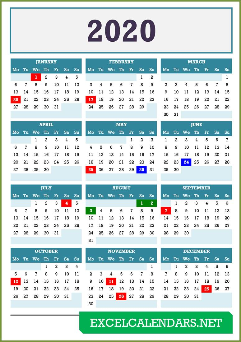 Yearly Calendar - Excel Calendars