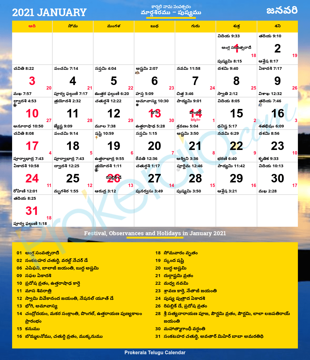 1996 January Telugu Calendar 2022 [Revised Calendar