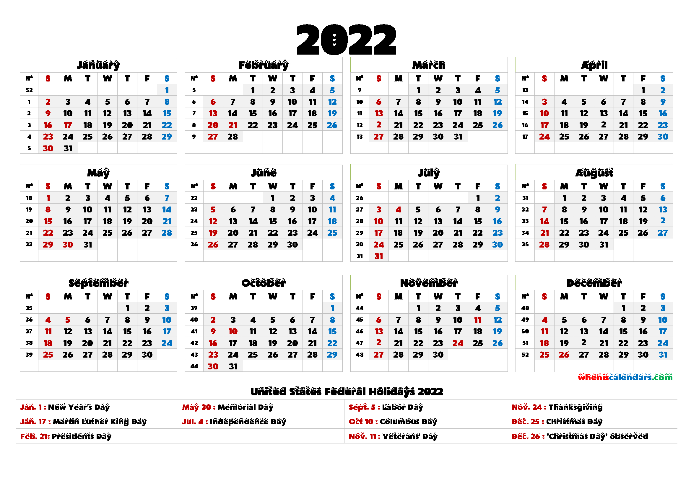 20+ 2022 Calendar With Holidays Printable - Free Download