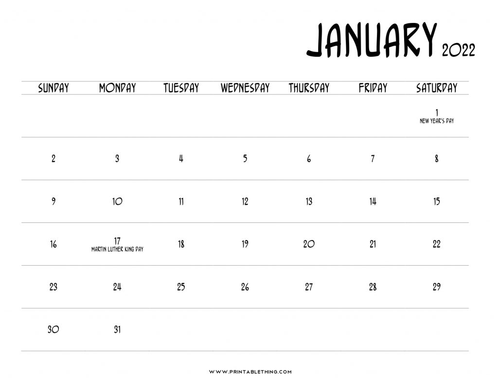 20+ Printable January 2022 Calendar With Holidays, Blank, Free