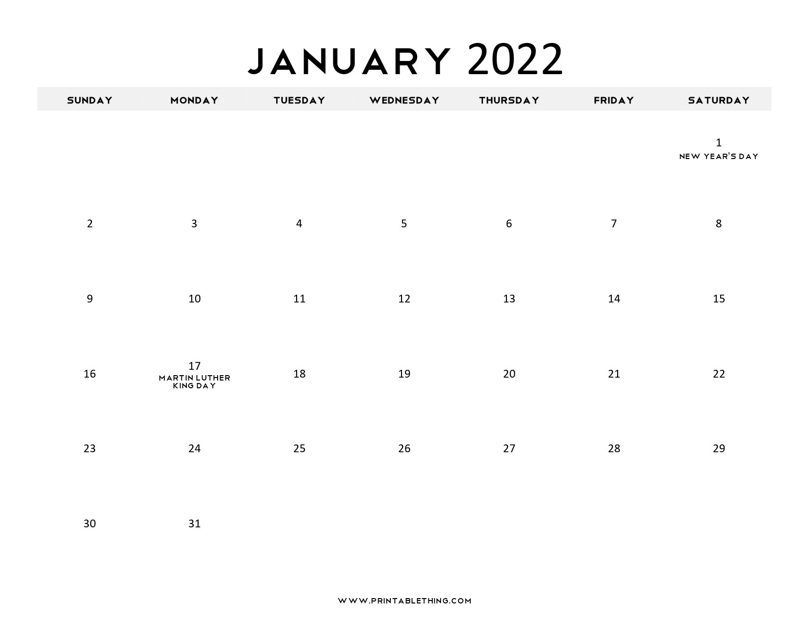 20+ Printable January 2022 Calendar With Holidays, Blank, Free