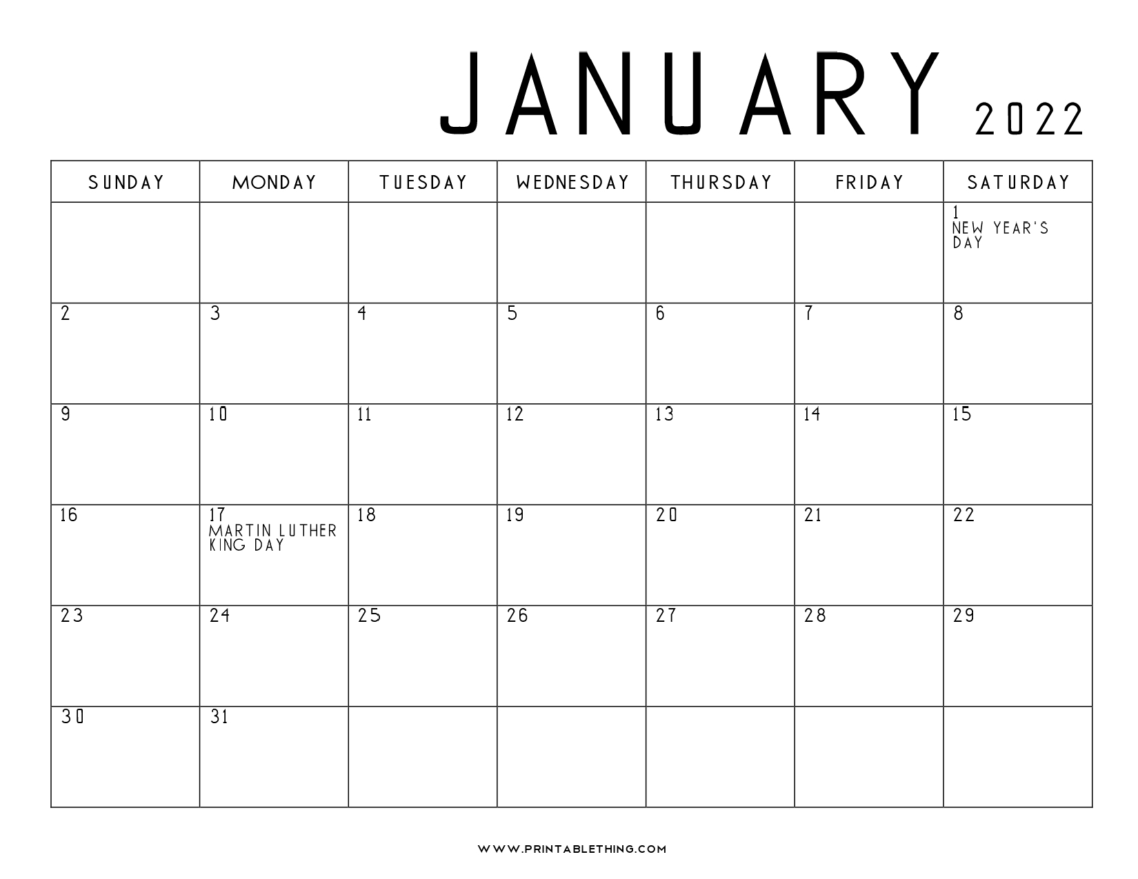 20+ Printable January 2022 Calendar With Holidays, Blank, Free