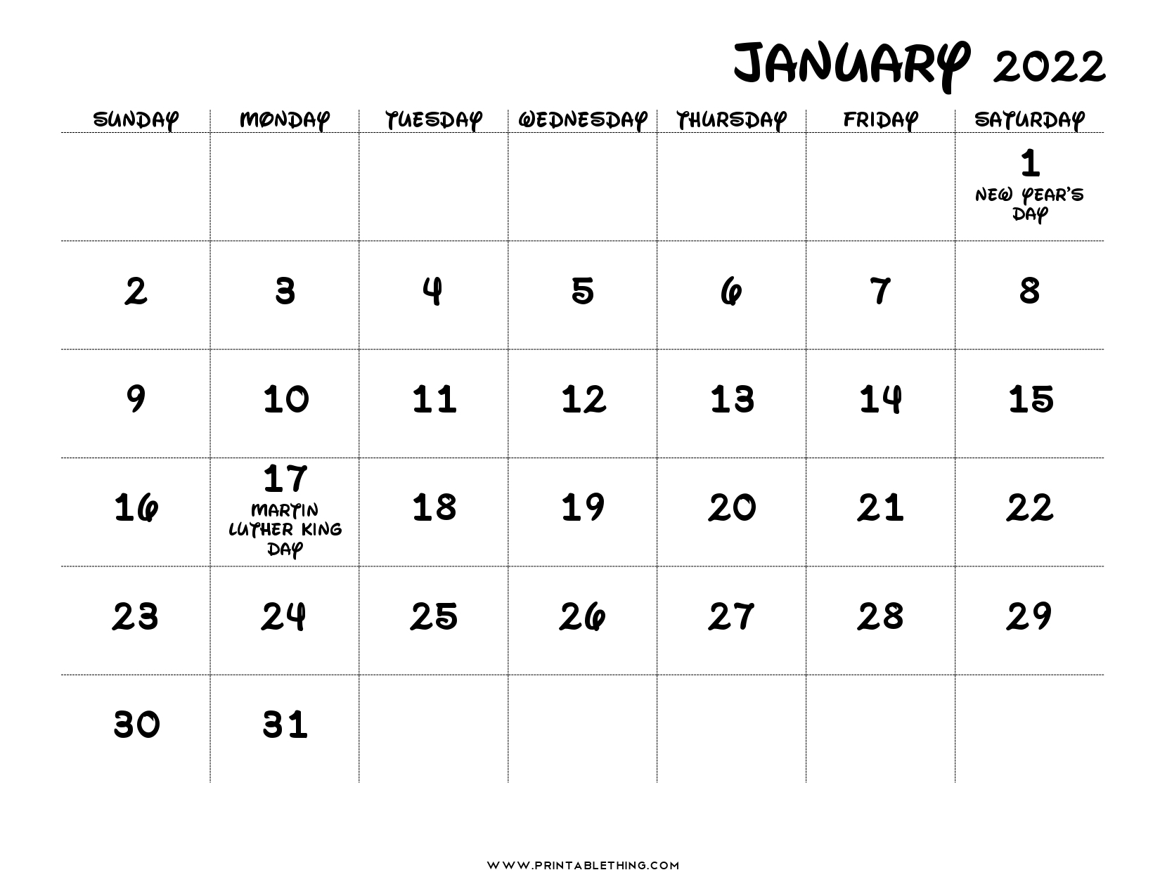 20+ Printable January 2022 Calendar With Holidays, Blank, Free