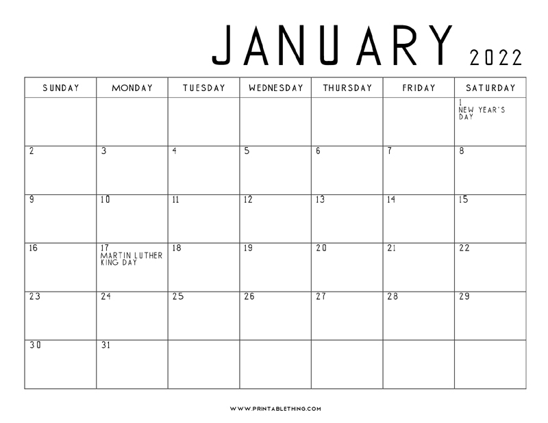 20+ Printable January 2022 Calendar With Holidays, Blank, Free