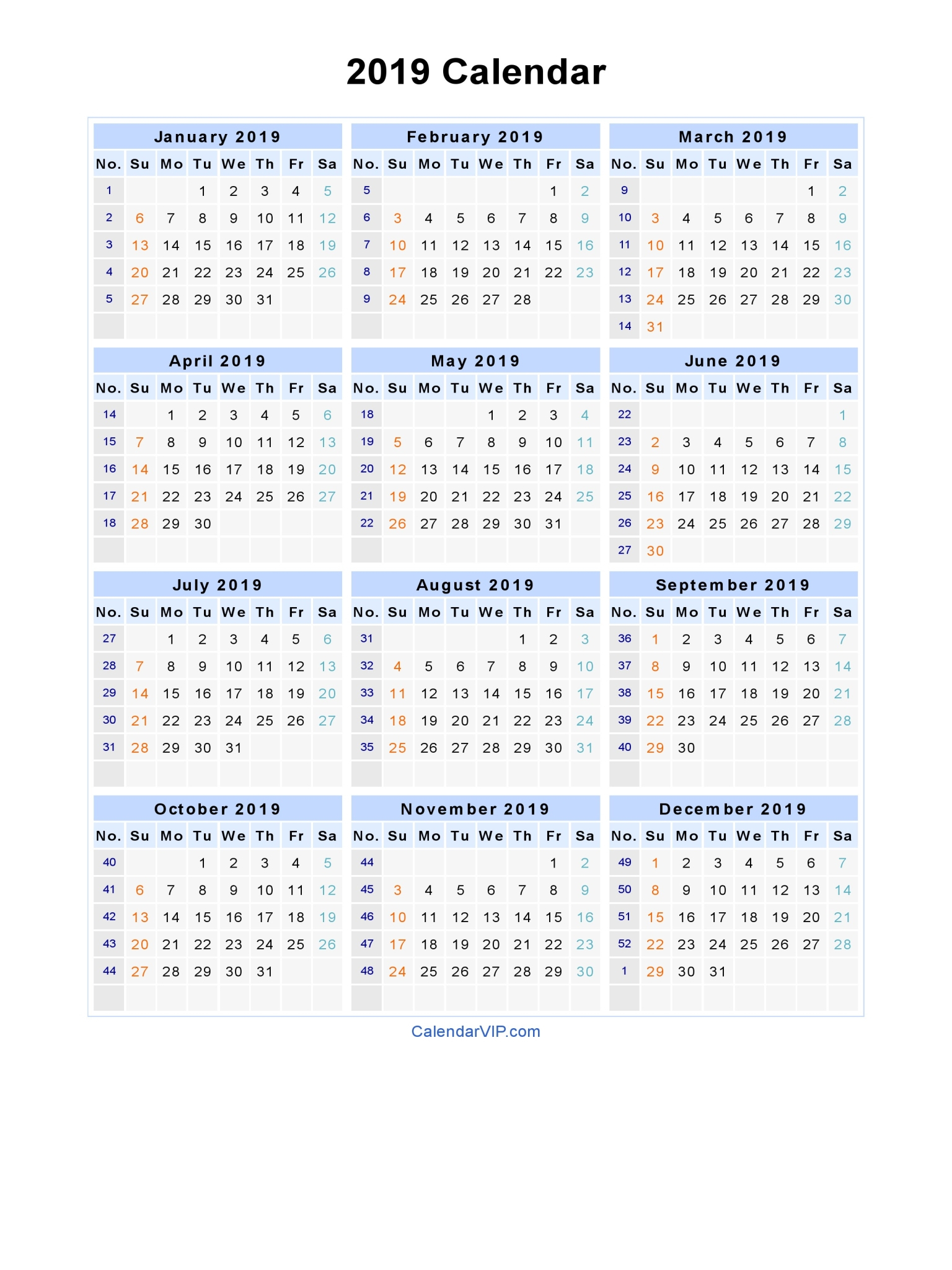 2019 Calendar - Blank Printable Calendar Template In Pdf