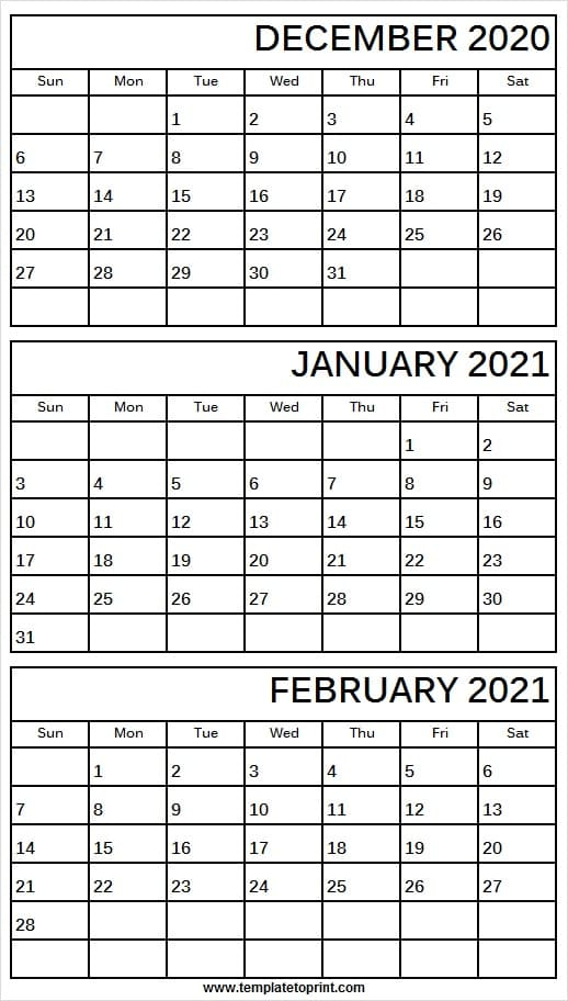 2020 December To 2021 February Calendar - Printable