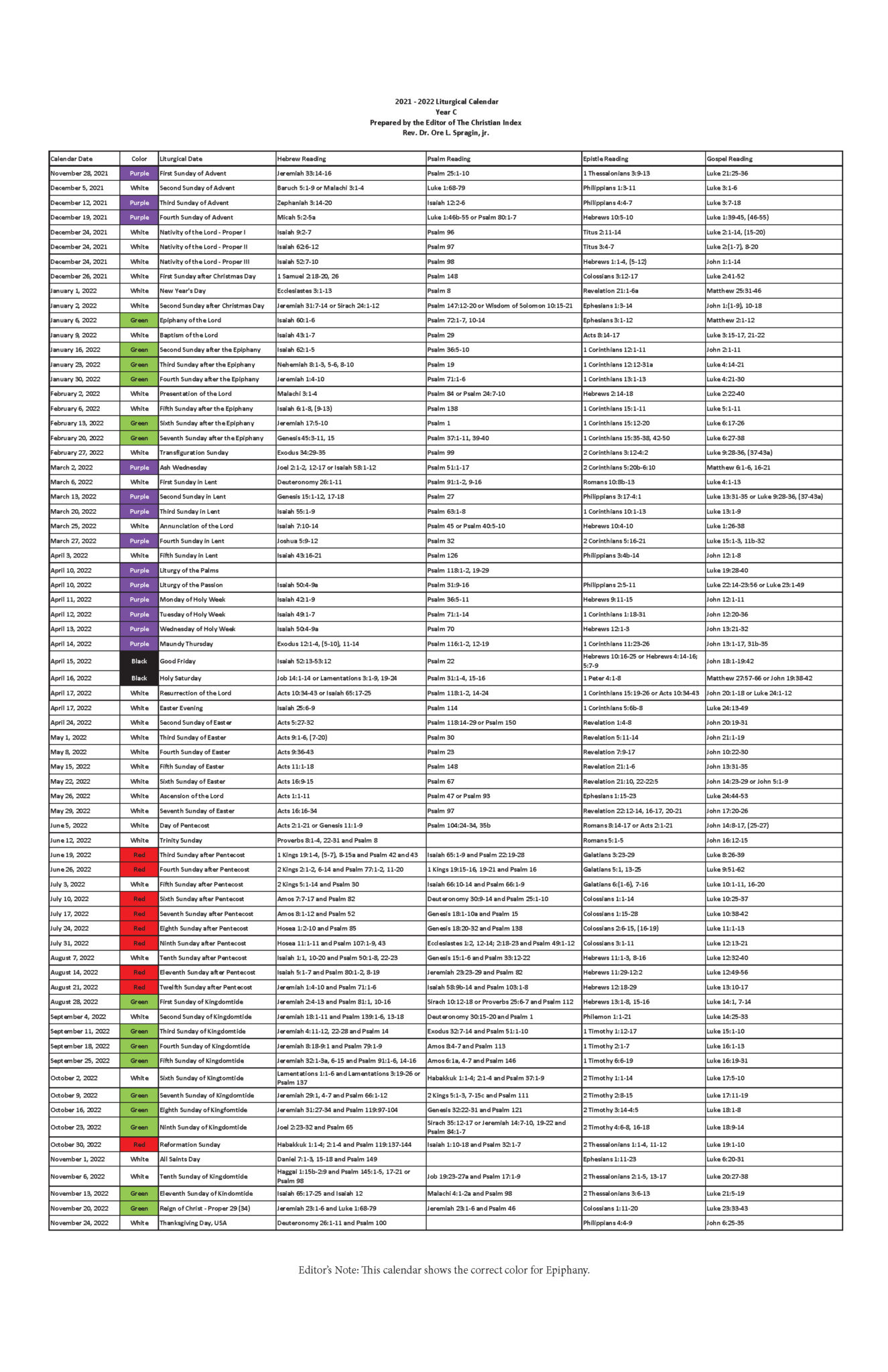 2021-2022 Liturgical Calendarrev. Dr. Ore Spragin