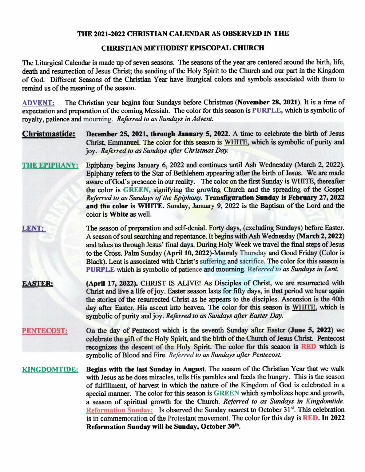 2021-2022 Stewardess Liturgical Calendar - Christian