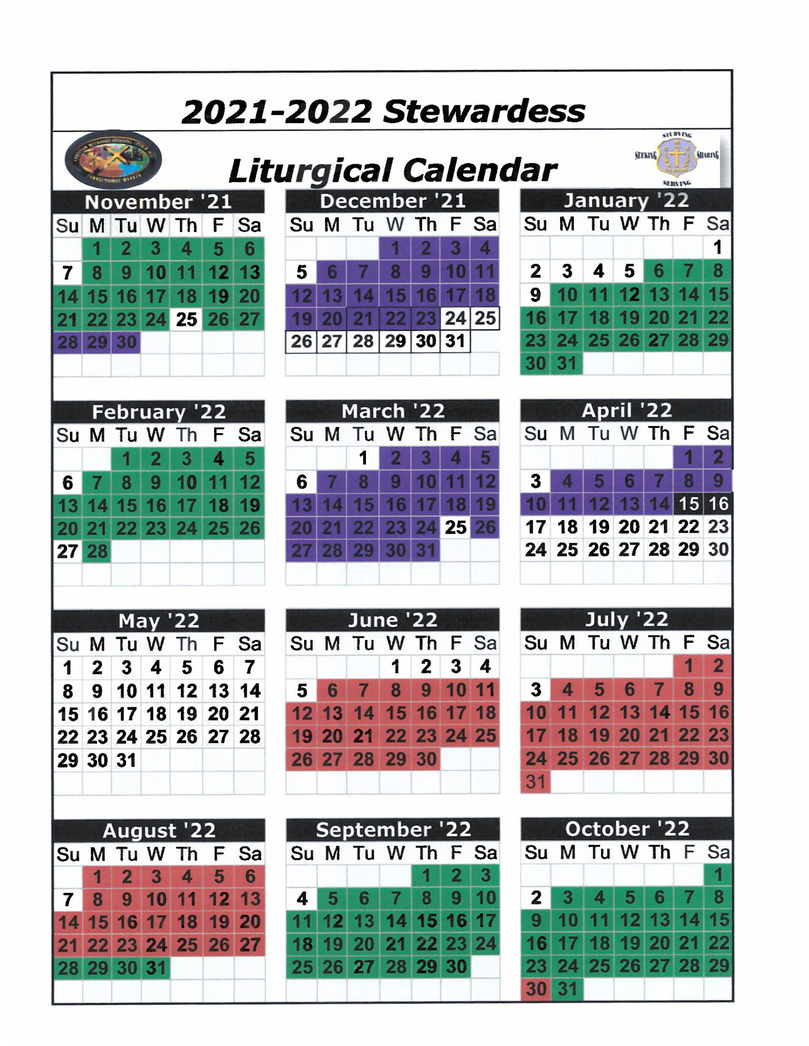 2021-2022 Stewardess Liturgical Calendar - Christian