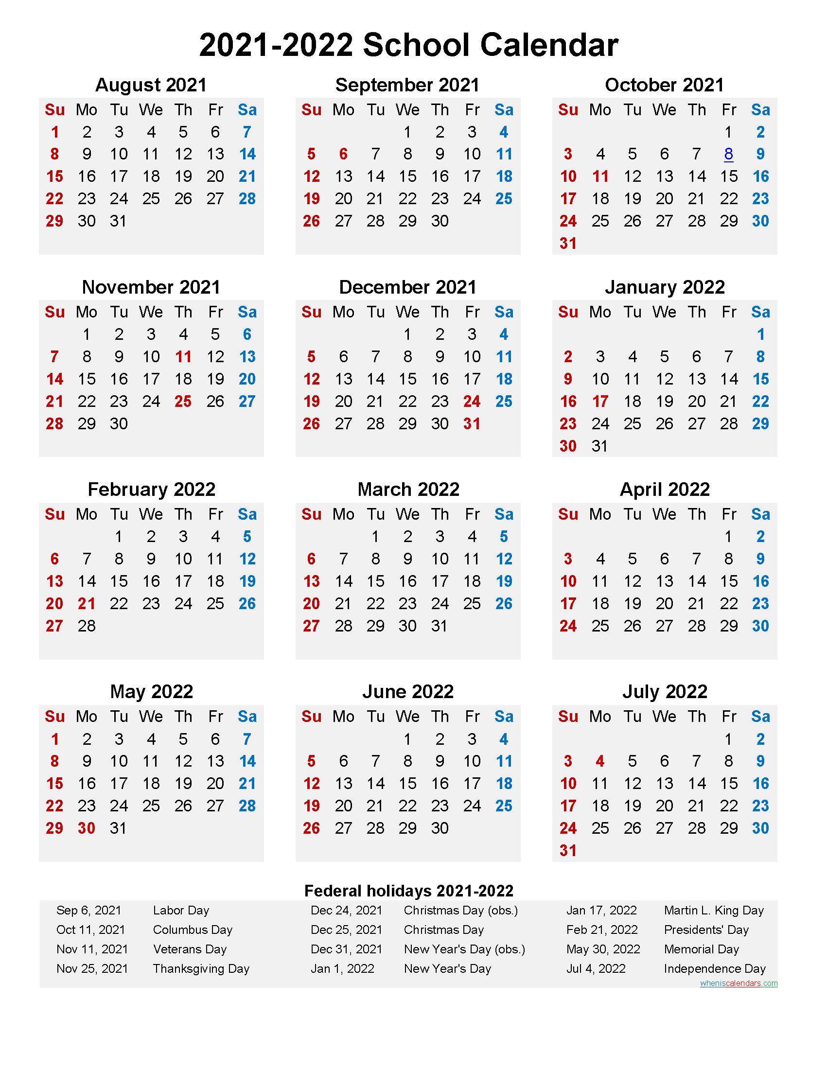 2021 And 2022 School Calendar Printable (Portrait