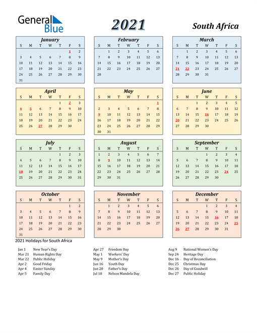 2021 Holiday Calendar South Africa | Printable March