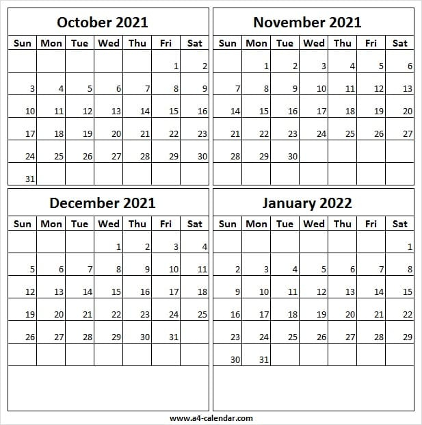 2021 October To 2022 January Calendar A4 - Calendar Oct