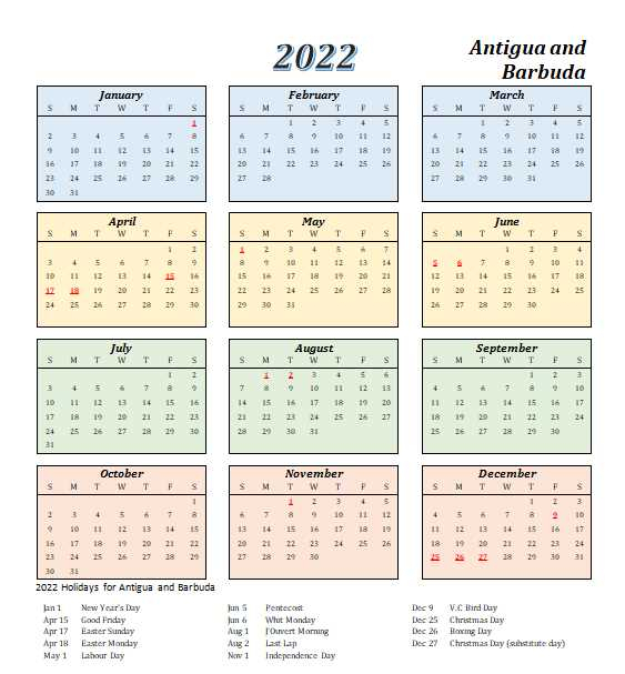 2022 Antigua And Barbuda Calendar With Holidays