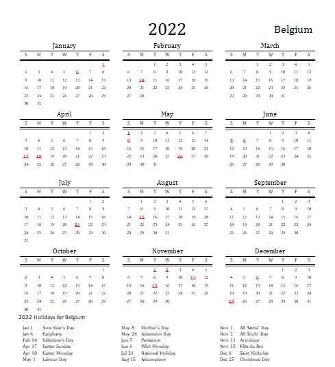 2022 Belgium Calendar With Holidays | Allcalendar