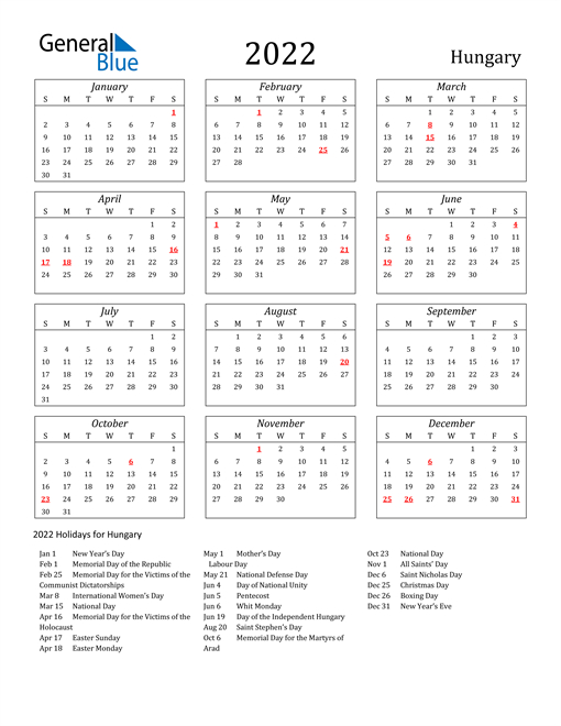 2022 Calendar - Hungary With Holidays