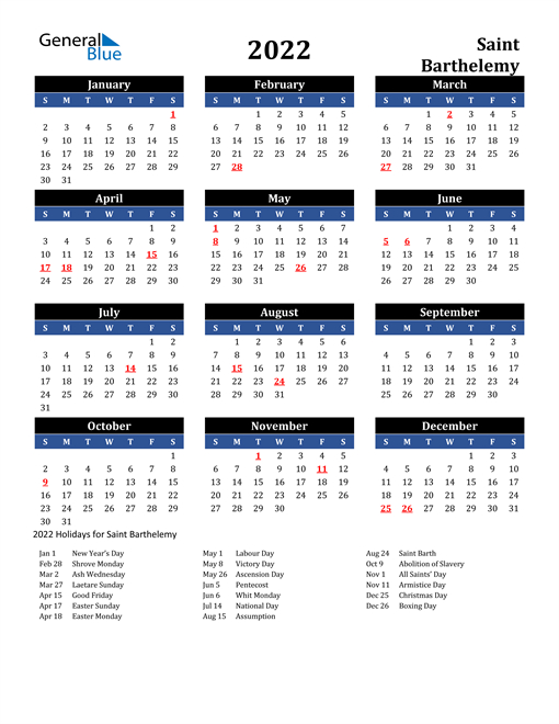 2022 Calendar - Saint Barthelemy With Holidays
