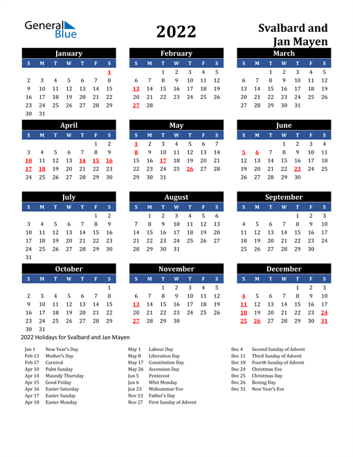 2022 Calendar - Svalbard And Jan Mayen With Holidays