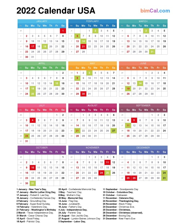 2022 Calendar Usa - Bimcal