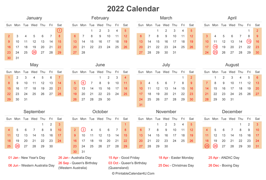 2022 Calendar With Australia Holidays At Bottom (Landscape