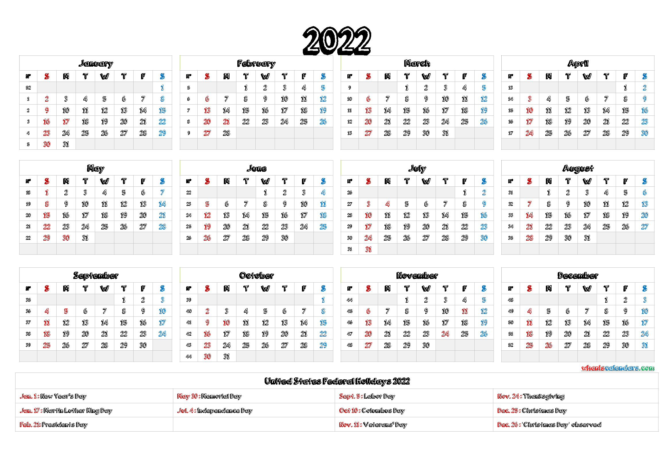 2022 Calendar With Week Numbers - 9 Templates