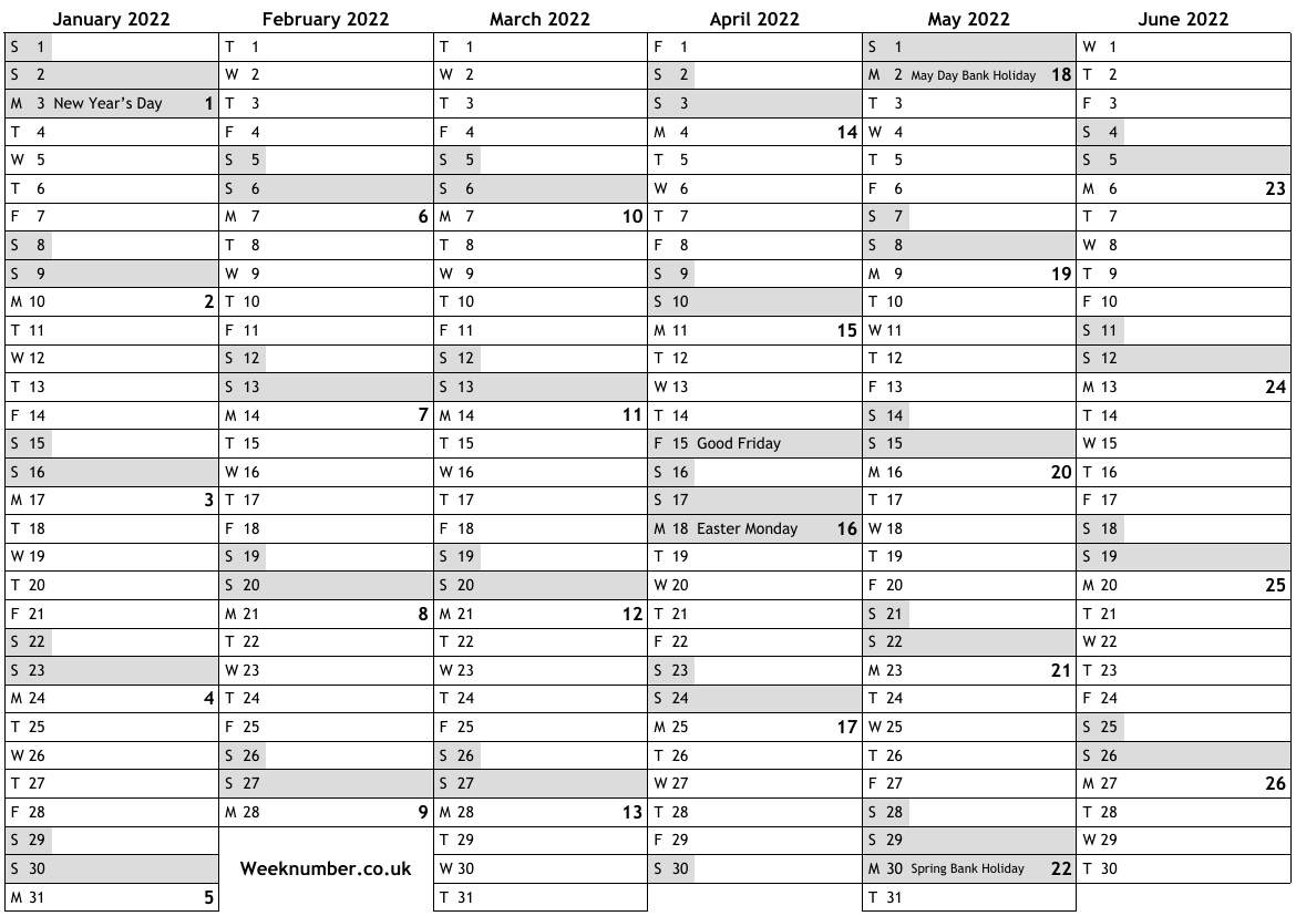 2022 Calendar With Week Numbers And Holidays For England