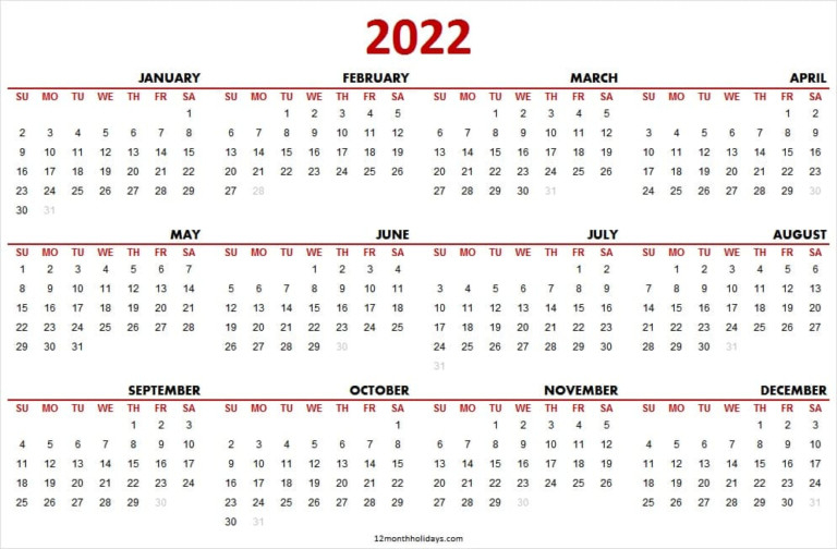 2022 Calendar Year Printable January To December | 2022