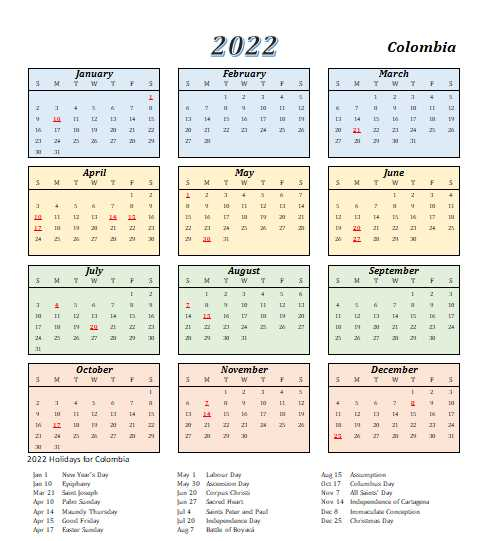 2022 Colombia Calendar With Holidays | Allcalendar
