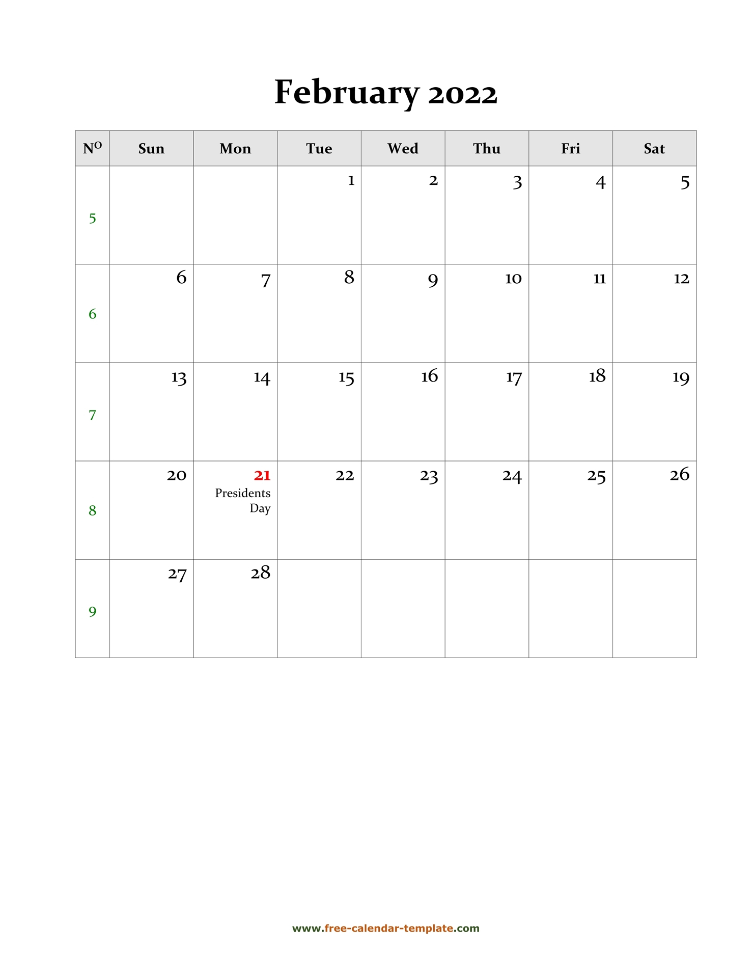2022 February Calendar (Blank Vertical Template) | Free