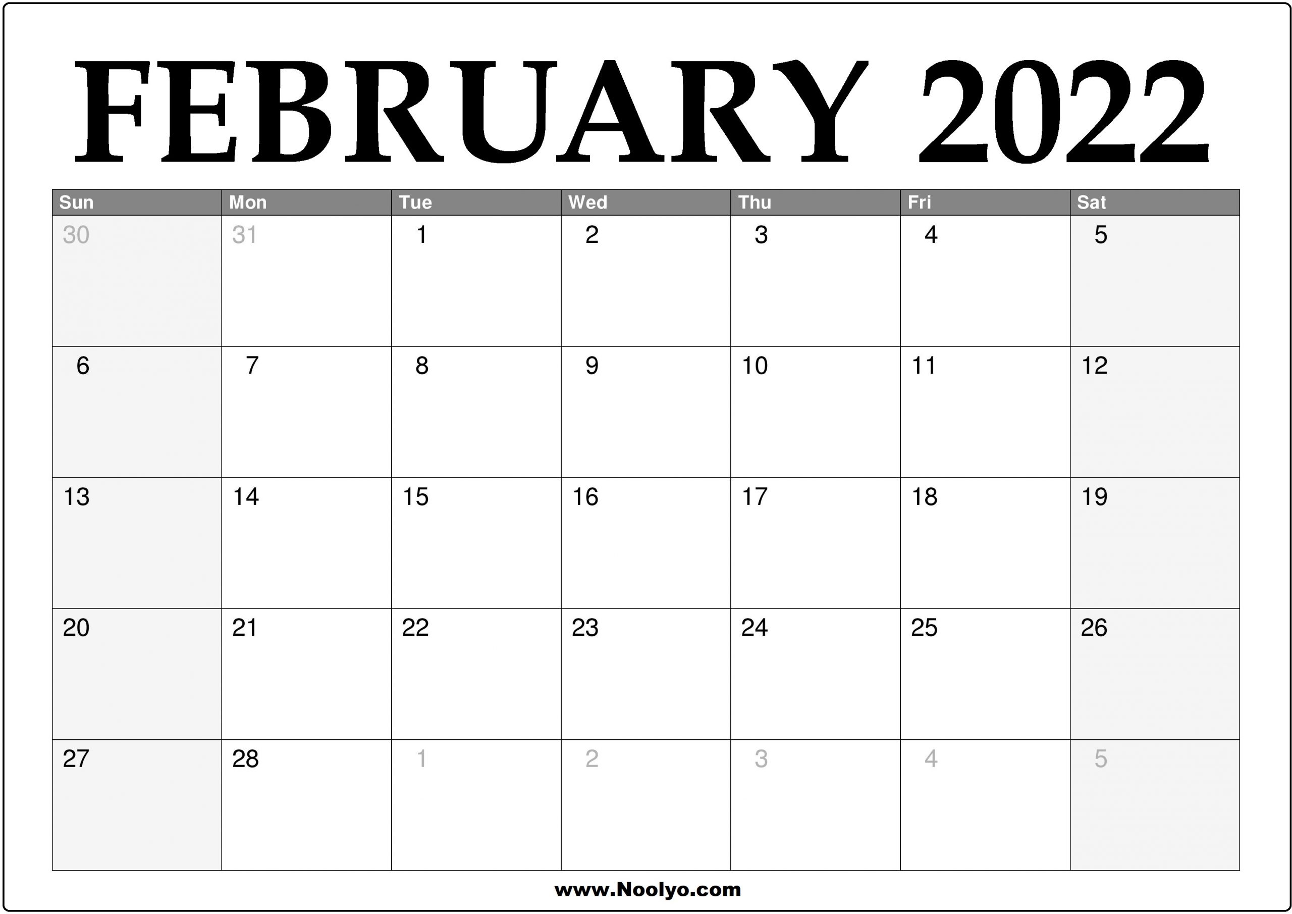 2022 February Calendar Printable - Download Free - Noolyo