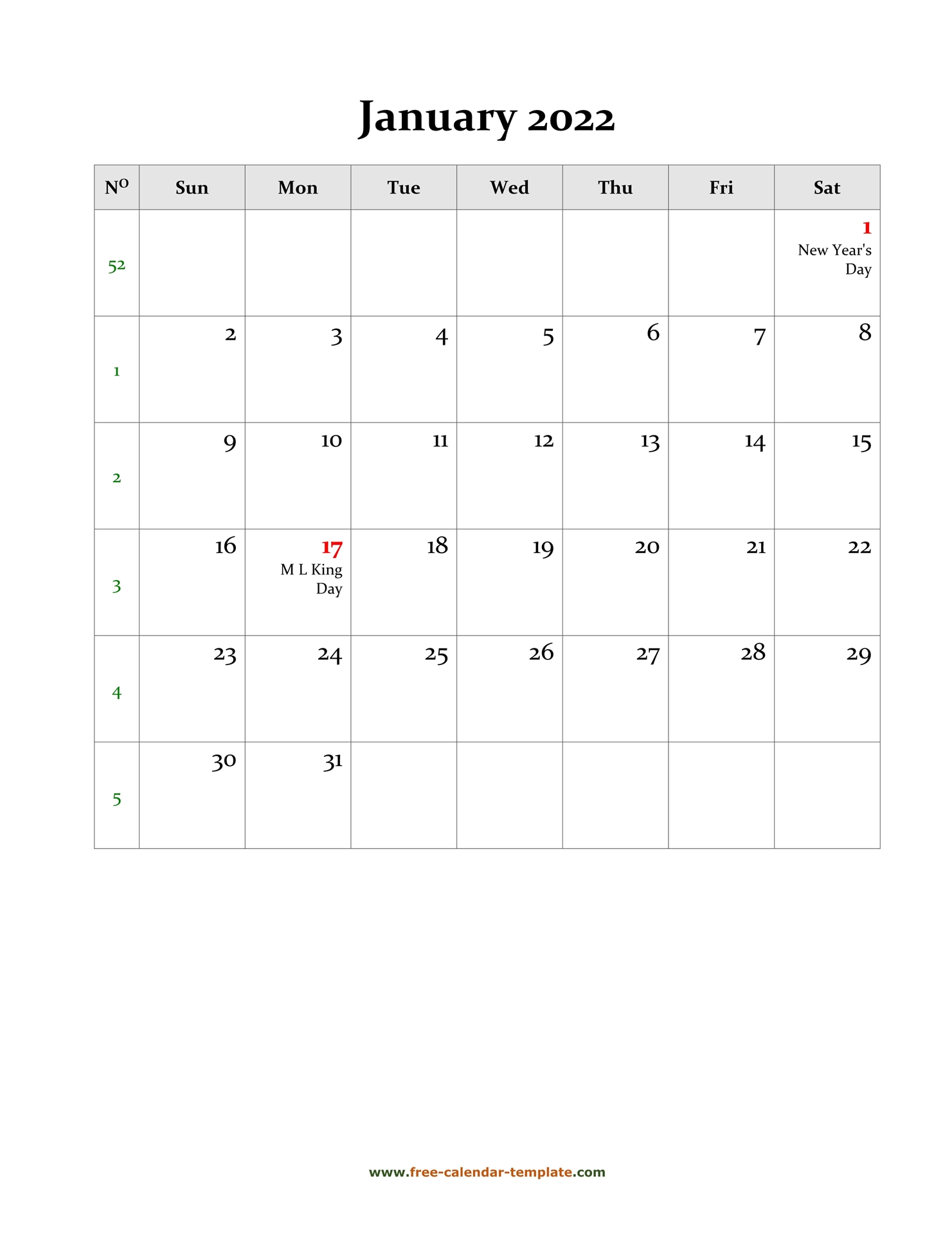 January 2022 Printable Calendar One Page