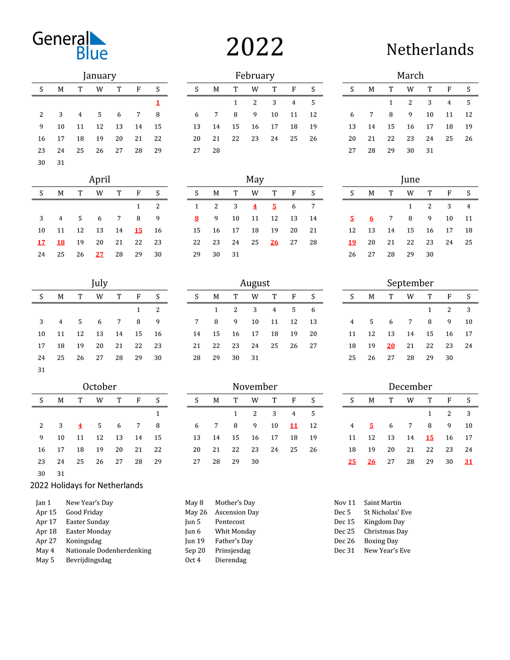 2022 Netherlands Calendar With Holidays