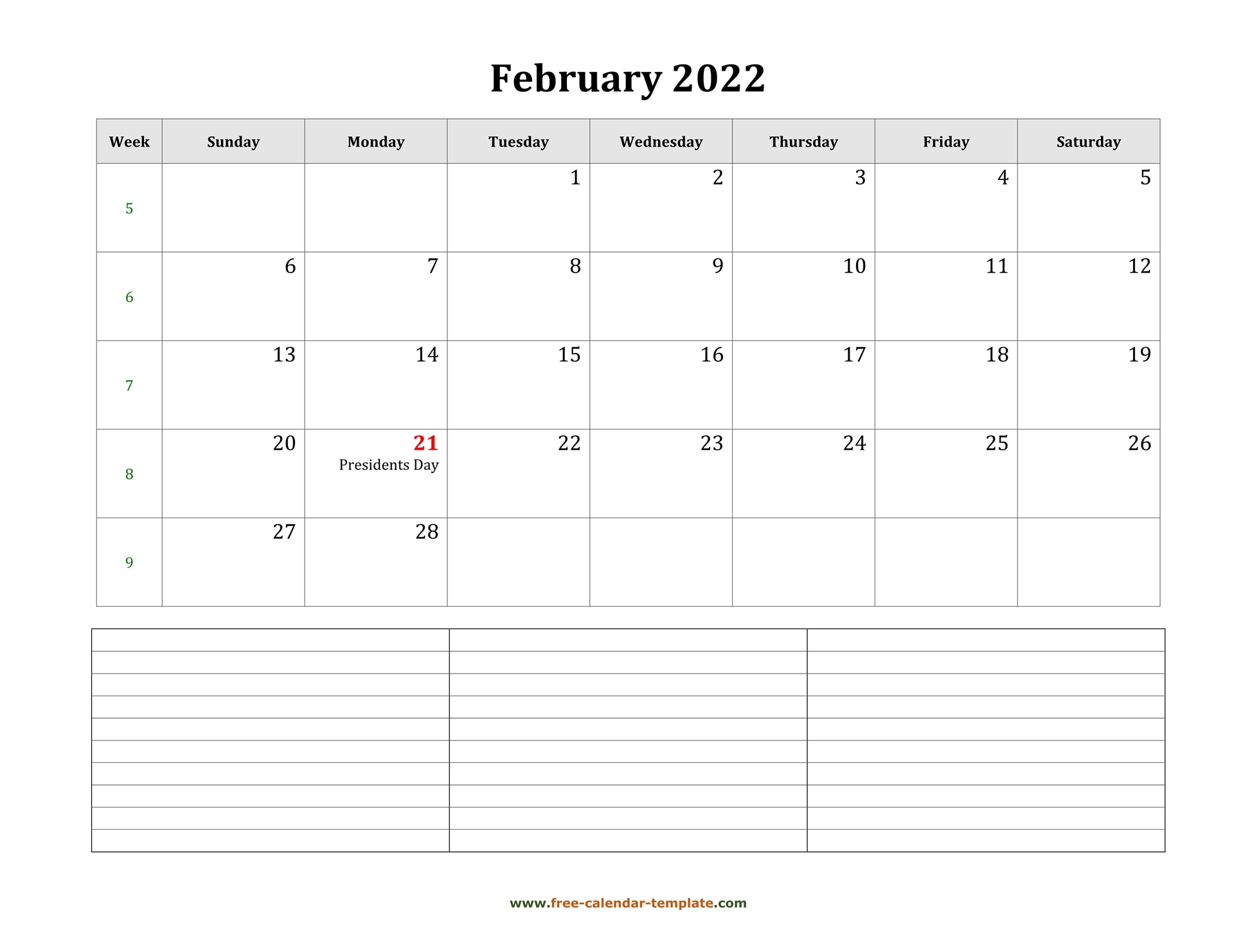 2022 Printable February Calendar With Space For Appointments (Horizontal) | Free-Calendar