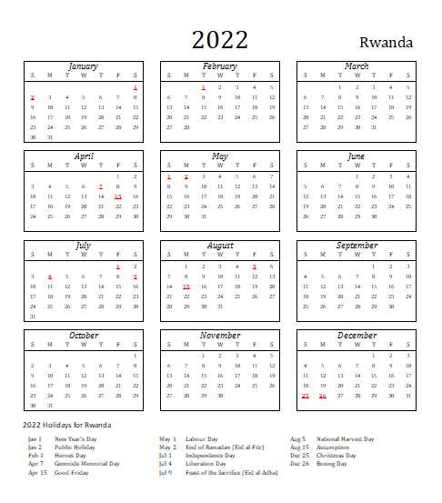 2022 Rwanda Calendar With Holidays | Allcalendar