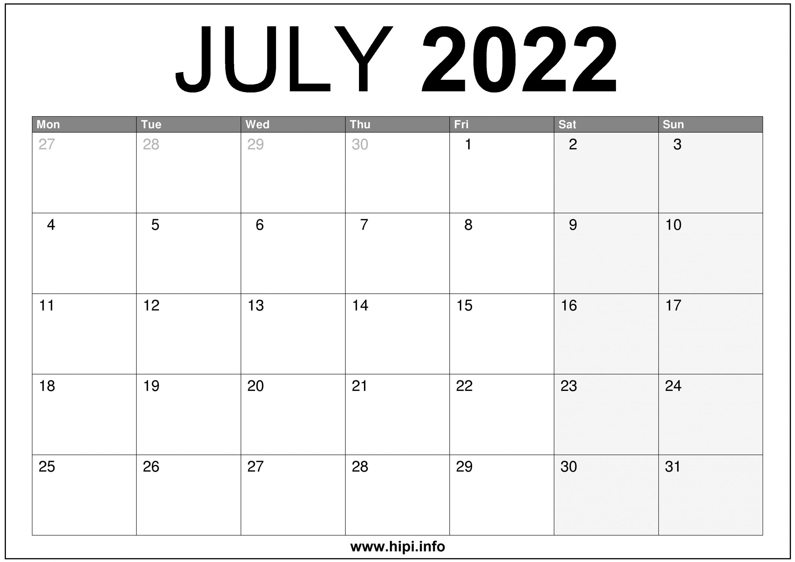 2022 To 2022 Calendar July