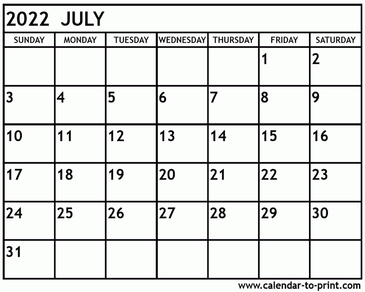 2022 To 2022 Calendar July