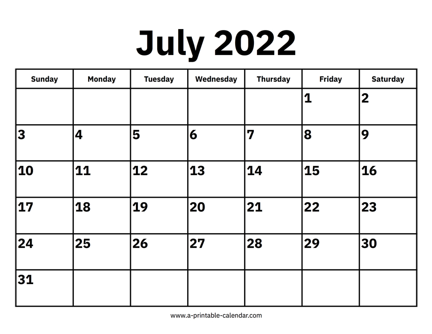 2022 To 2022 Calendar July