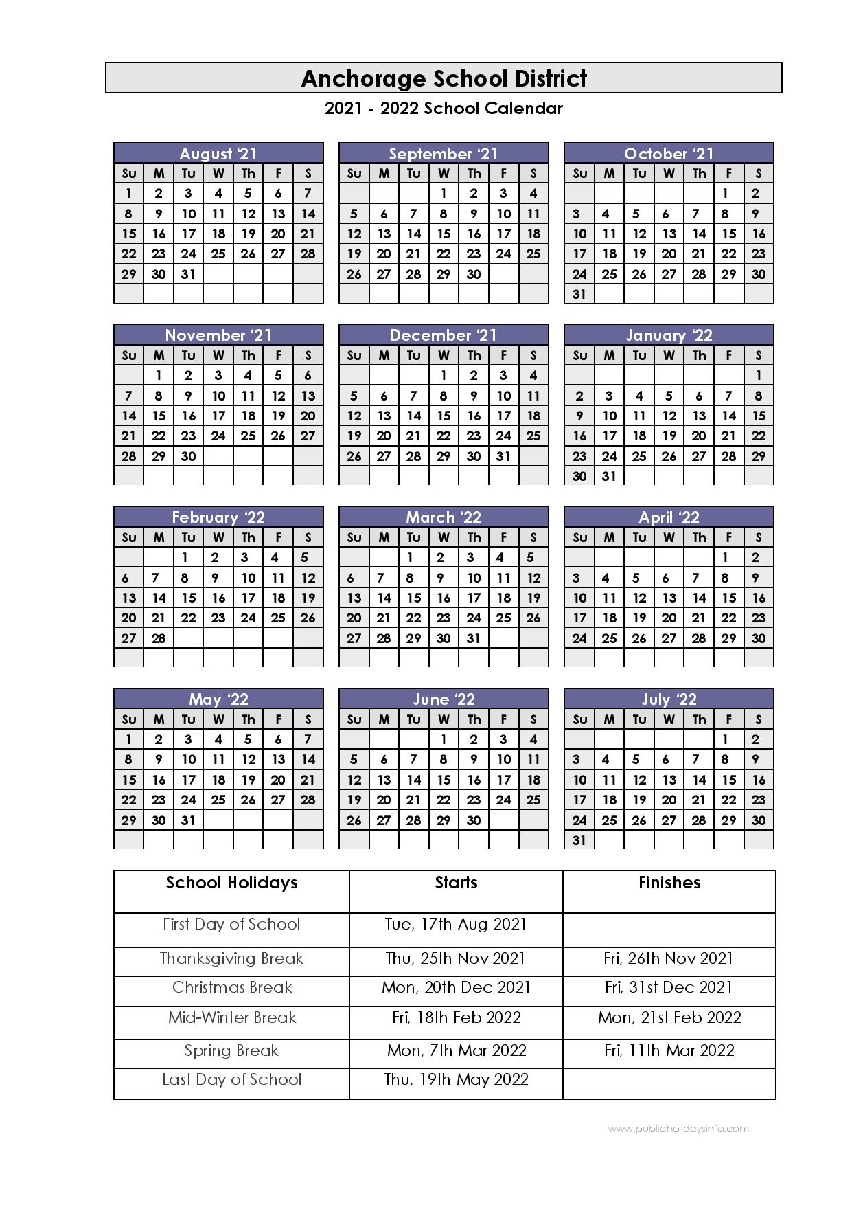 Anchorage School District Calendar 2021 And 2022