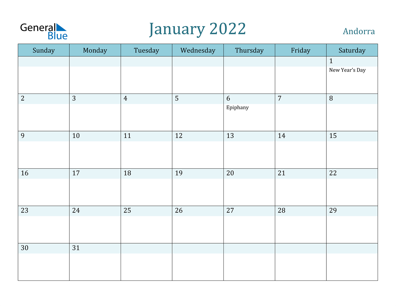 Andorra January 2022 Calendar With Holidays