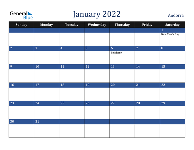 Andorra January 2022 Calendar With Holidays