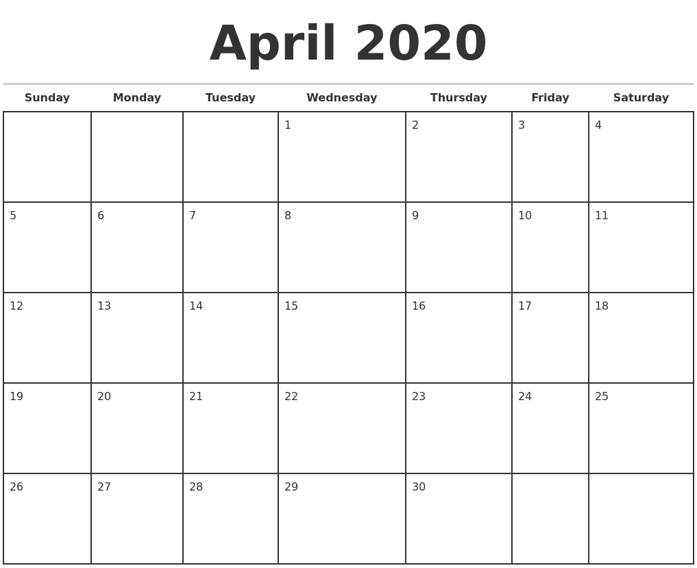 April 2020 Monthly Calendar Template
