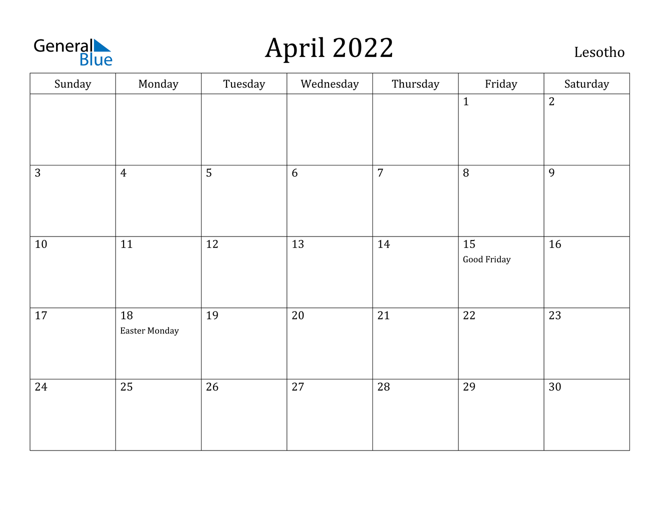 April 2022 Calendar - Lesotho