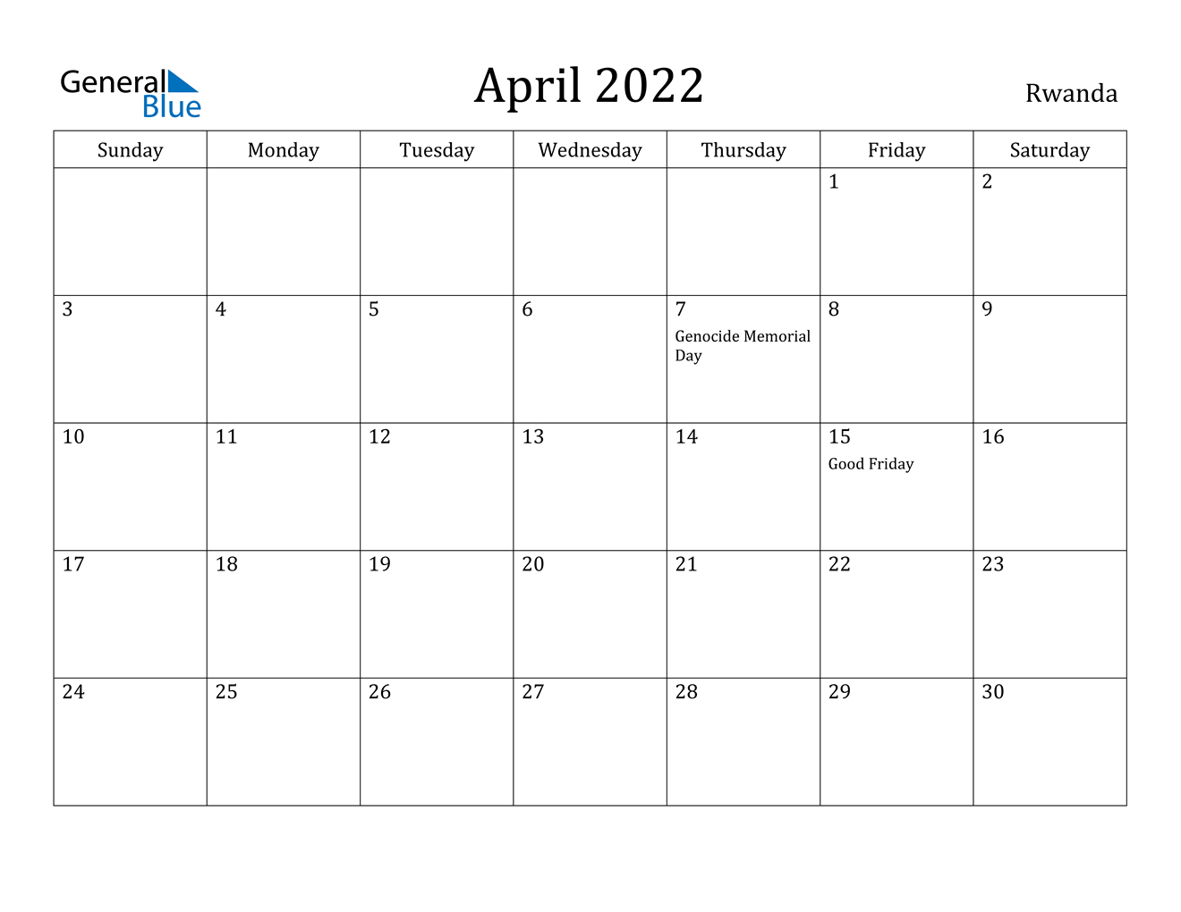 April 2022 Calendar - Rwanda