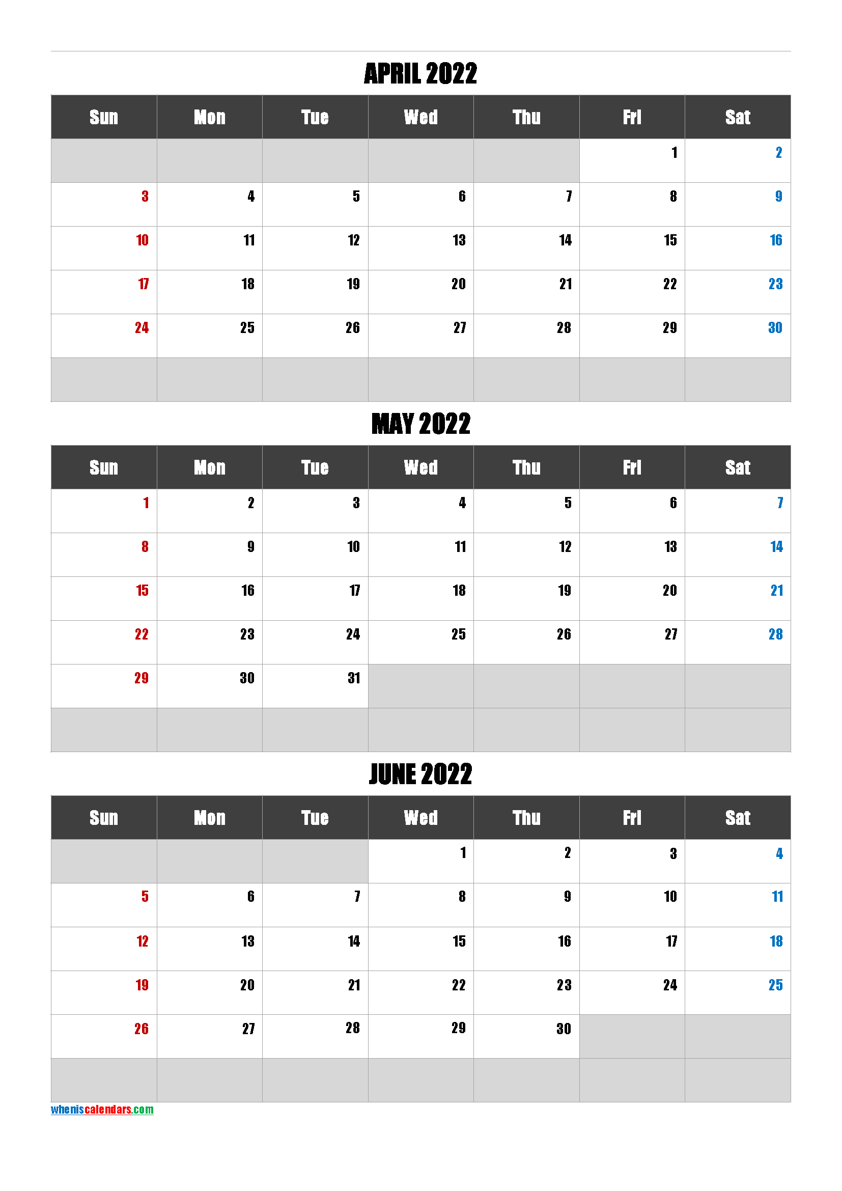 April May June 2022 Calendar Printable Free [Q1-Q2-Q3-Q4]