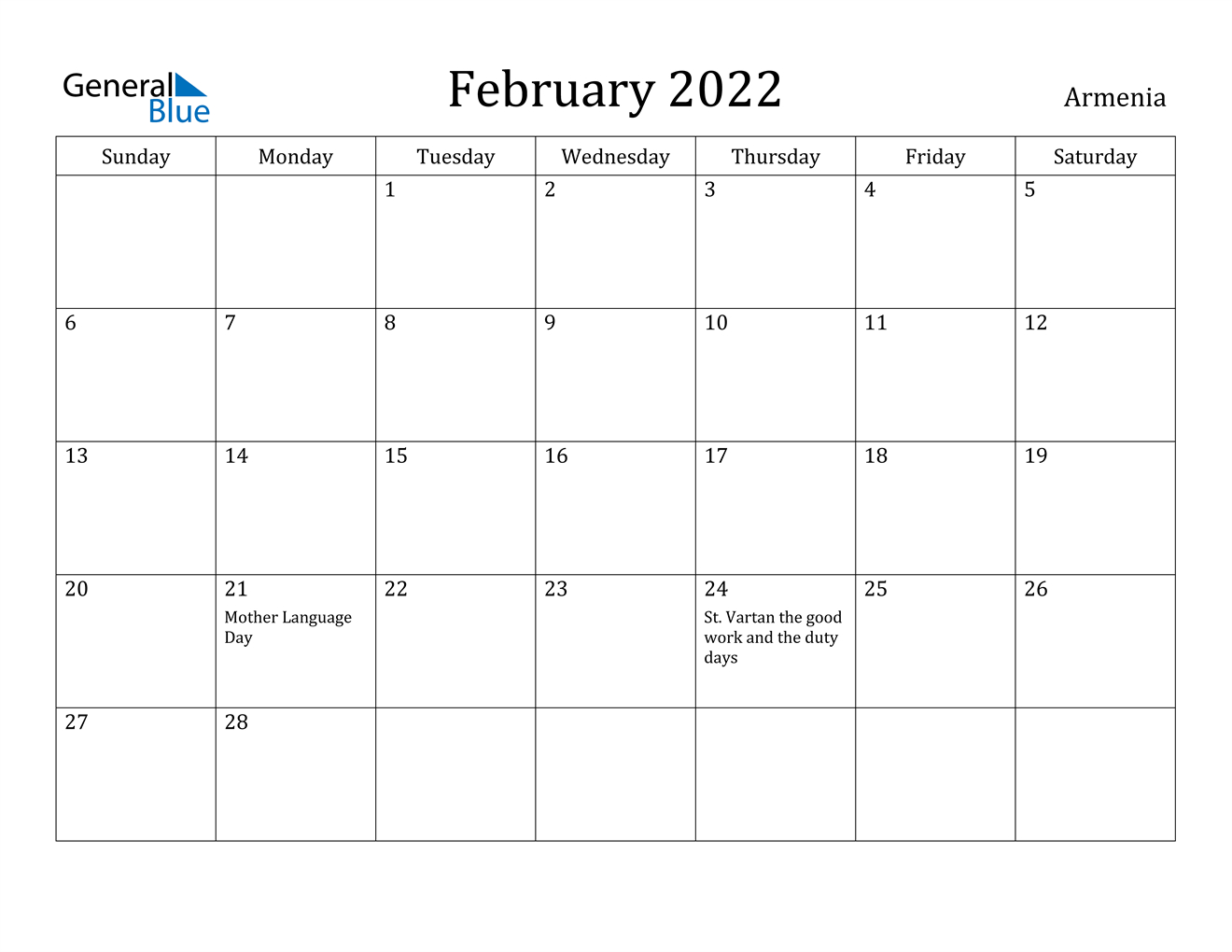 Armenia February 2022 Calendar With Holidays