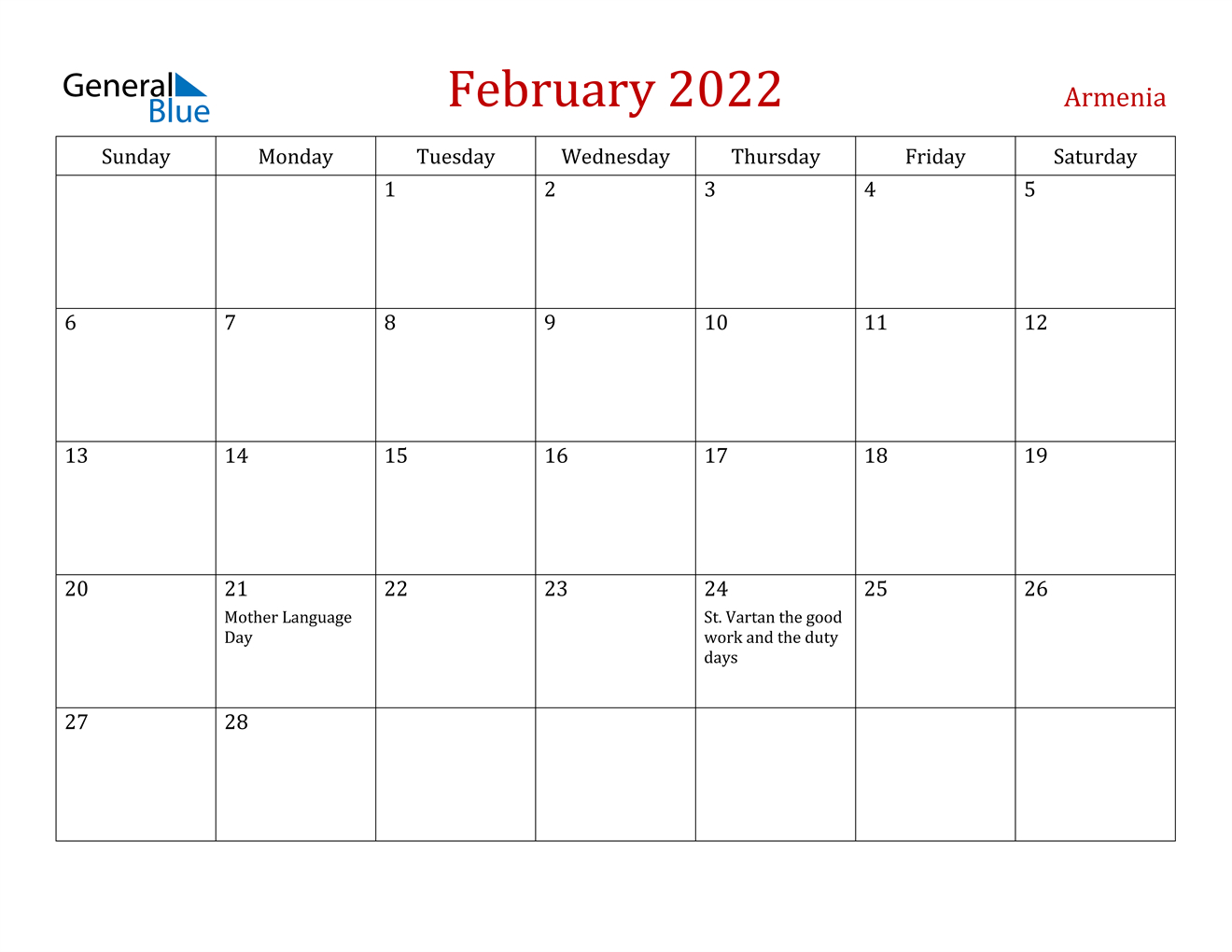 Armenia February 2022 Calendar With Holidays