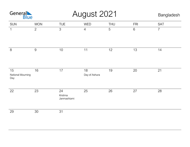 August 2021 Calendar - Bangladesh