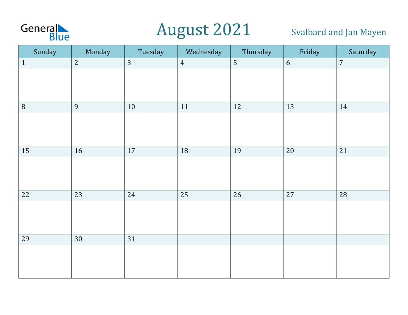 August 2021 Calendar - Svalbard And Jan Mayen