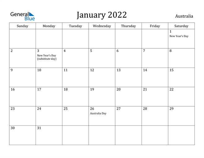 Australia January 2022 Calendar With Holidays